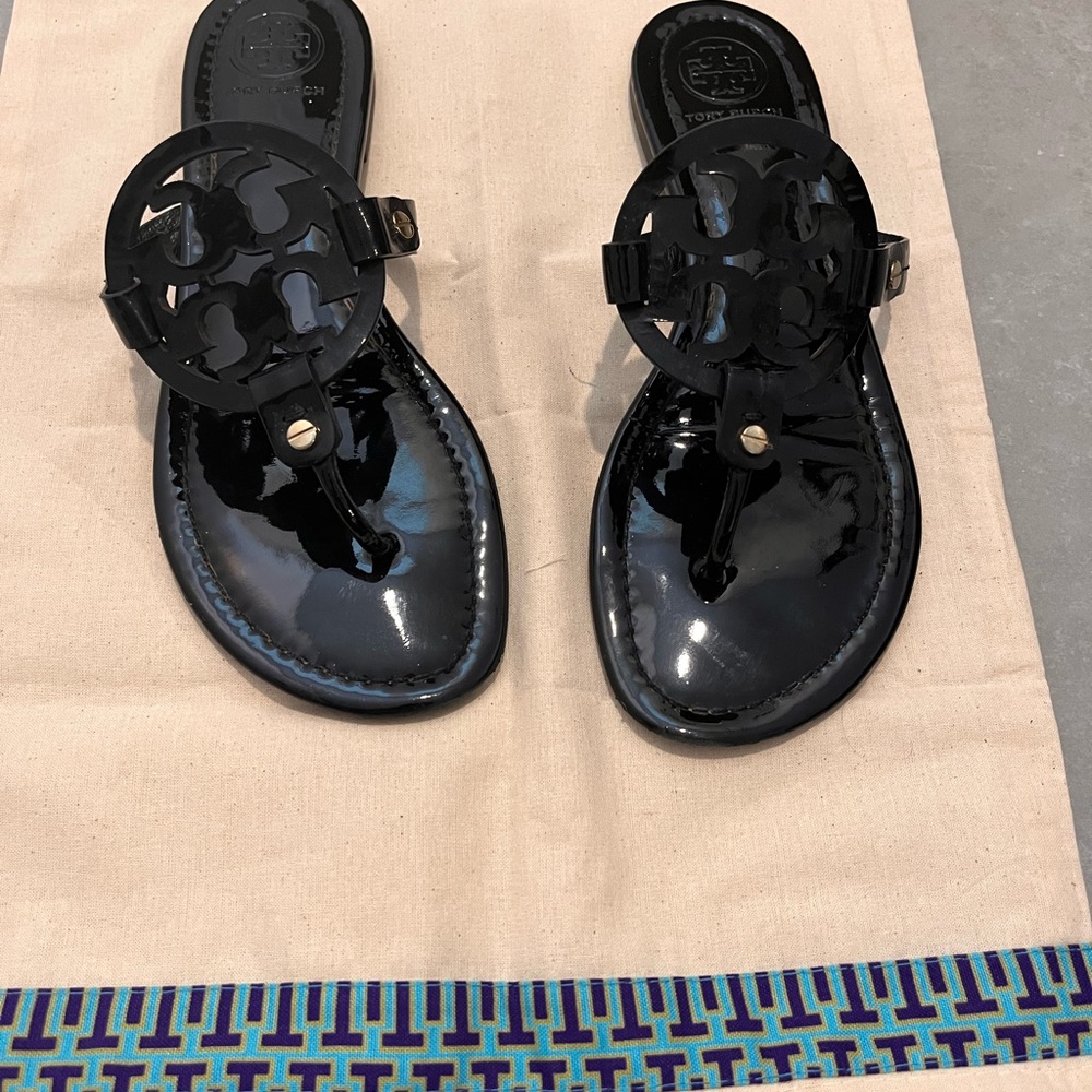 Tori Burch black patten leather sandals